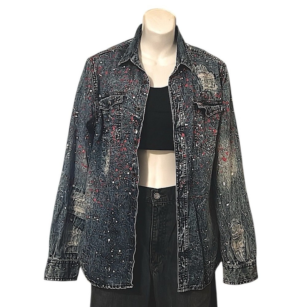 Carbon Distressed Blue Denim Mens Long Sleeve Button Down Paint Splatter Shirt